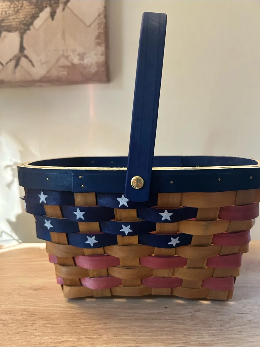 Vintage Handwoven Americana Basket with Stars and Handle - Navy, Red & Natural